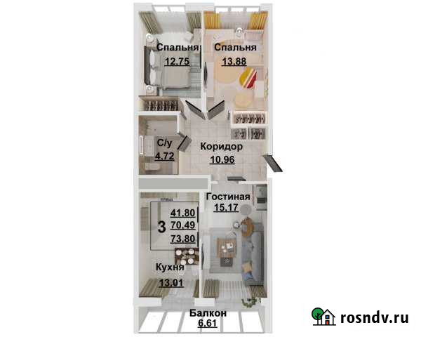 3-комнатная квартира, 74 м², 16/17 эт. на продажу в Рязани Рязань - изображение 1