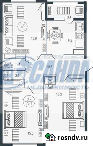 3-комнатная квартира, 73.1 м², 1/16 эт. на продажу в Твери Тверь - изображение 1