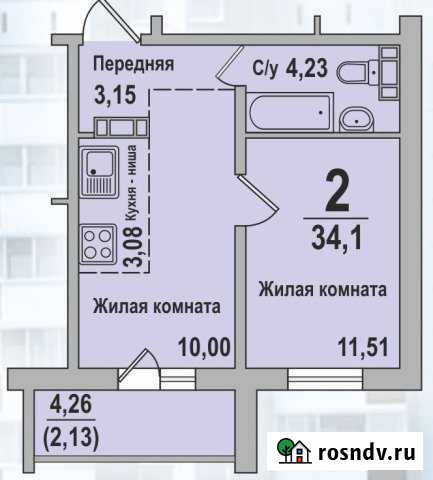 1-комнатная квартира, 34.1 м², 3/10 эт. на продажу в Рощино Челябинской области Рощино - изображение 1