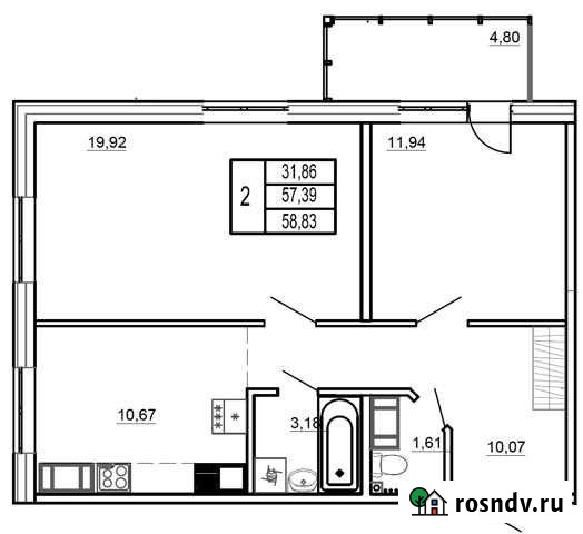2-комнатная квартира, 58.8 м², 6/12 эт. на продажу в Горбунках Горбунки - изображение 1