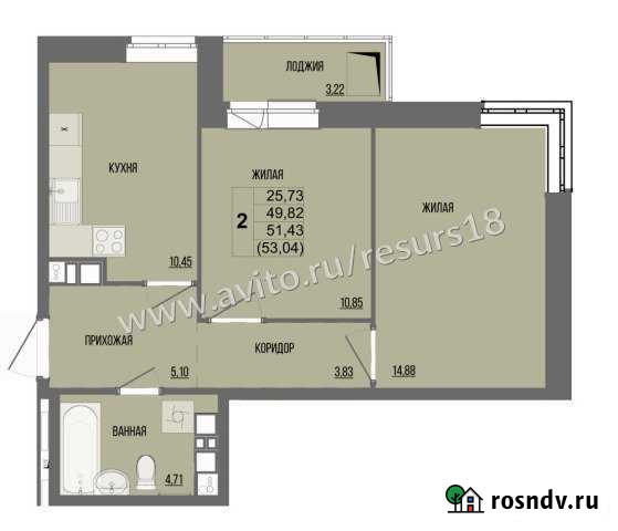 2-комнатная квартира, 51.1 м², 13/17 эт. на продажу в Ижевске Ижевск - изображение 1
