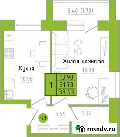 1-комнатная квартира, 33.4 м², 1/6 эт. на продажу в Кирове Киров - изображение 1
