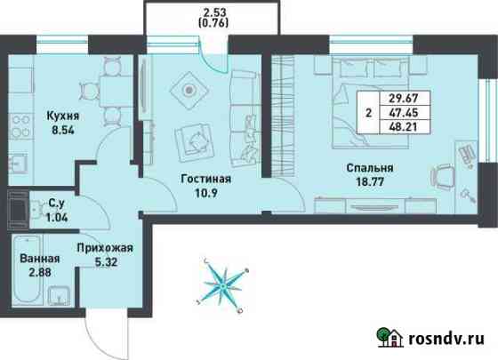2-комнатная квартира, 48.2 м², 7/9 эт. на продажу в поселке Свердлова Свердлова
