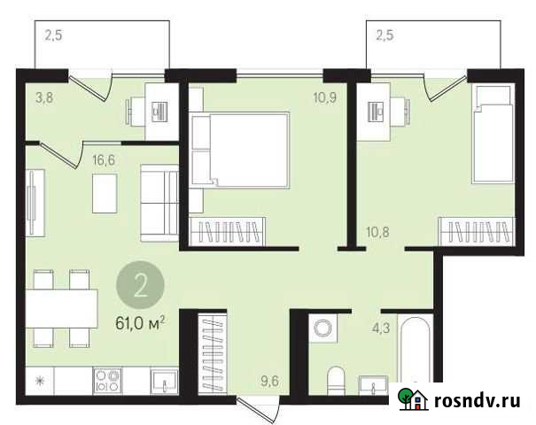 2-комнатная квартира, 61 м², 8/9 эт. на продажу в Видном Видное - изображение 1