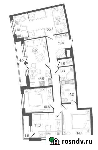 4-комнатная квартира, 95.4 м², 13/19 эт. на продажу в Санкт-Петербурге Санкт-Петербург - изображение 1