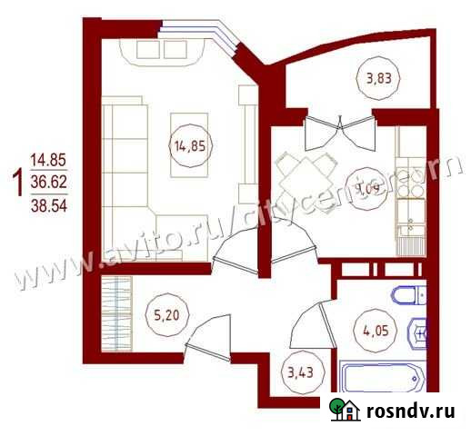 1-комнатная квартира, 38.6 м², 5/17 эт. на продажу в Новой Усмани Новая Усмань - изображение 1