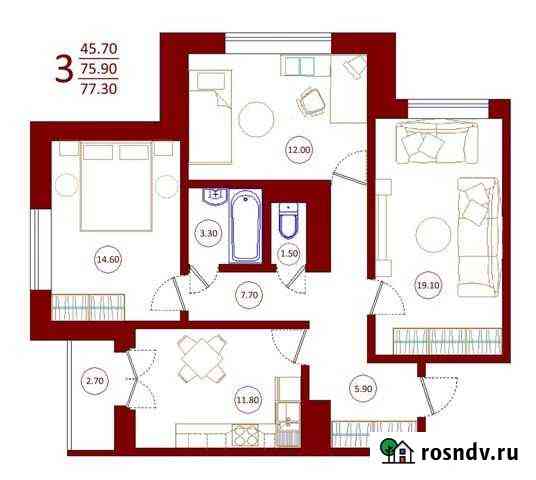3-комнатная квартира, 77.3 м², 7/17 эт. на продажу в Отрадном Воронежской области Отрадное