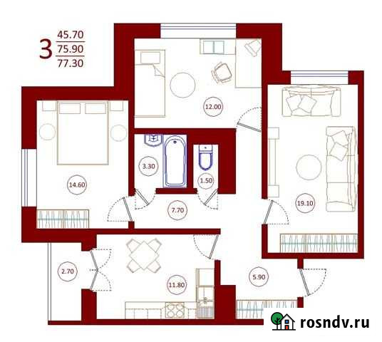 3-комнатная квартира, 77.3 м², 7/17 эт. на продажу в Отрадном Воронежской области Отрадное - изображение 1