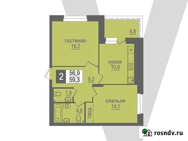 2-комнатная квартира, 59.3 м², 15/17 эт. на продажу в Кольцово Кольцово - изображение 1