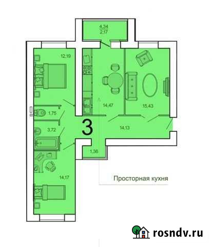 3-комнатная квартира, 76.3 м², 7/15 эт. на продажу в Засечном Засечное - изображение 1