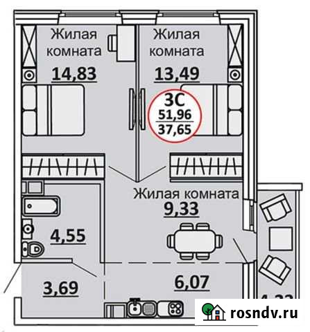 3-комнатная квартира, 52 м², 9/16 эт. на продажу в Новосибирске Новосибирск - изображение 1
