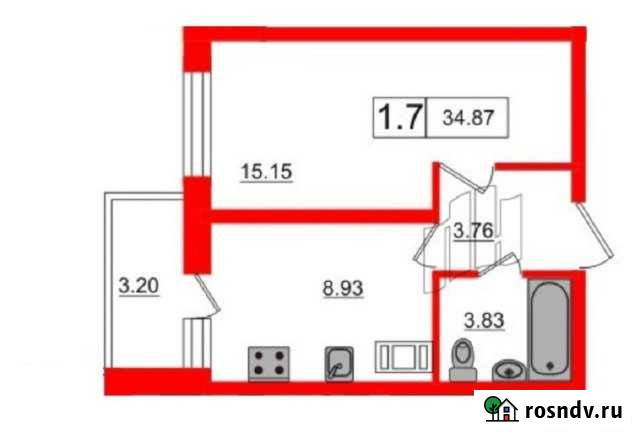 1-комнатная квартира, 34.8 м², 17/22 эт. на продажу в Кудрово Кудрово - изображение 1