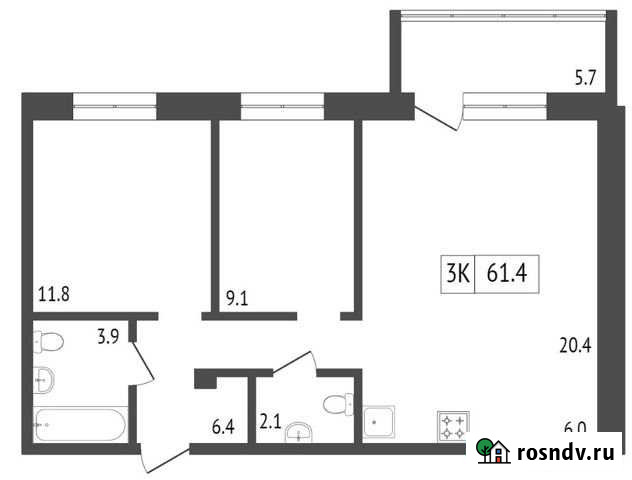 3-комнатная квартира, 61.4 м², 12/19 эт. на продажу в Красноярске Красноярск - изображение 1