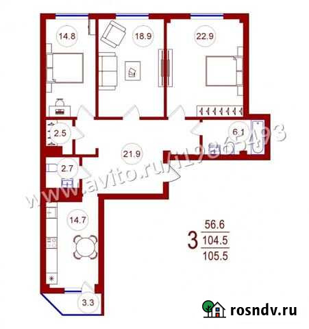 3-комнатная квартира, 105.5 м², 8/16 эт. на продажу в Воронеже Воронеж - изображение 1