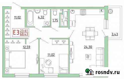 2-комнатная квартира, 68.4 м², 17/25 эт. на продажу в Рязани Рязань