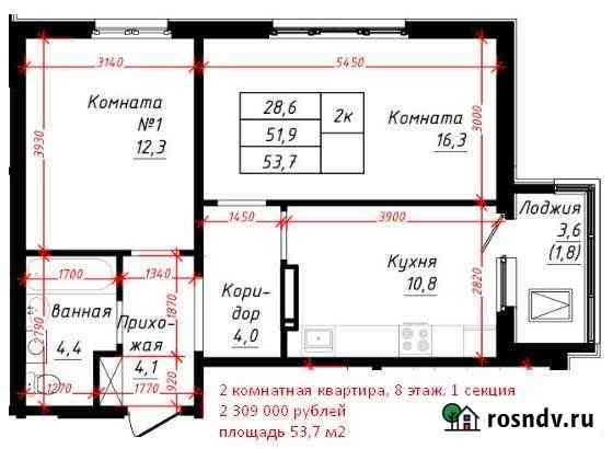 2-комнатная квартира, 53.7 м², 8/16 эт. на продажу в Барнауле Барнаул