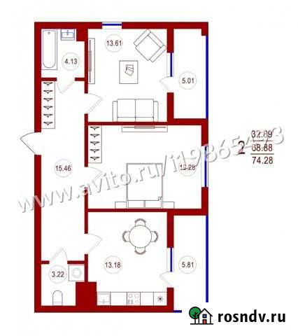 2-комнатная квартира, 68.9 м², 14/25 эт. на продажу в Воронеже Воронеж - изображение 1