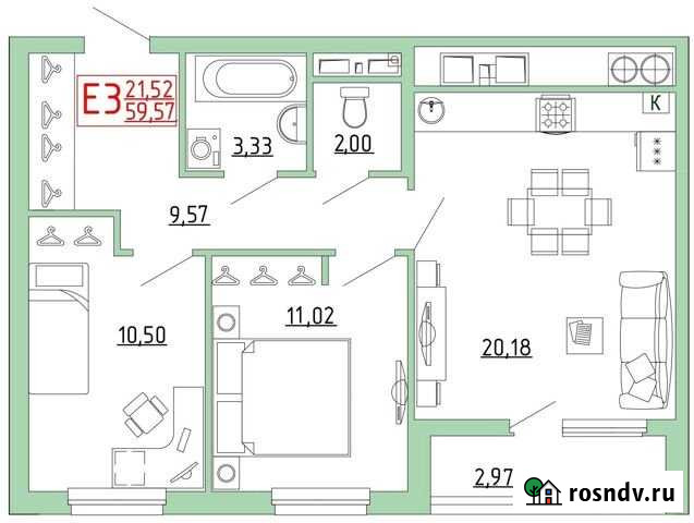 2-комнатная квартира, 59.6 м², 18/25 эт. на продажу в Рязани Рязань - изображение 1