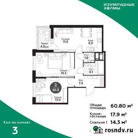 3-комнатная квартира, 60.8 м², 7/25 эт. на продажу в Красногорске Московской области Красногорск