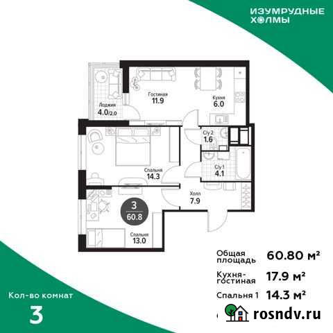 3-комнатная квартира, 60.8 м², 7/25 эт. на продажу в Красногорске Московской области Красногорск - изображение 1