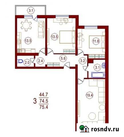 3-комнатная квартира, 75.4 м², 6/17 эт. на продажу в Воронеже Воронеж - изображение 1