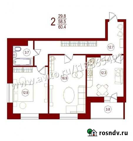 2-комнатная квартира, 60.4 м², 3/16 эт. на продажу в Воронеже Воронеж - изображение 1