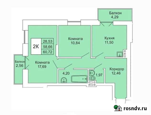 2-комнатная квартира, 60.7 м², 7/25 эт. на продажу в Новосибирске Новосибирск - изображение 1