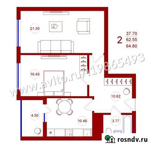 2-комнатная квартира, 64.8 м², 8/16 эт. на продажу в Отрадном Воронежской области Отрадное - изображение 1