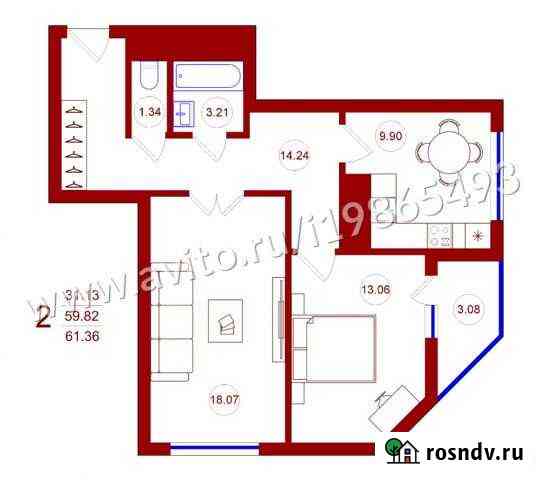 2-комнатная квартира, 61.4 м², 7/16 эт. на продажу в Отрадном Воронежской области Отрадное