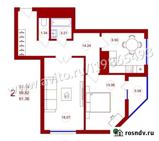 2-комнатная квартира, 61.4 м², 7/16 эт. на продажу в Отрадном Воронежской области Отрадное - изображение 1
