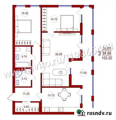 3-комнатная квартира, 103.2 м², 8/17 эт. на продажу в Воронеже Воронеж - изображение 1
