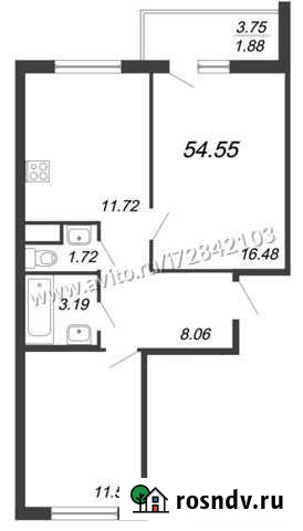 2-комнатная квартира, 54.6 м², 3/12 эт. на продажу в Кудрово Кудрово - изображение 1