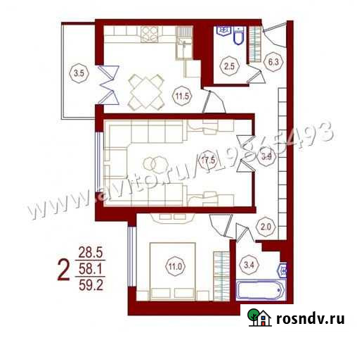 2-комнатная квартира, 59.2 м², 1/25 эт. на продажу в Воронеже Воронеж - изображение 1