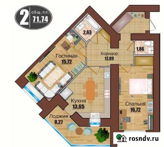 2-комнатная квартира, 71.7 м², 4/13 эт. на продажу в Калуге Калуга - изображение 1