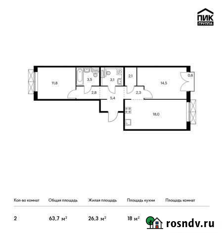 2-комнатная квартира, 63.7 м², 8/9 эт. на продажу в Московском Московской области Московский - изображение 1