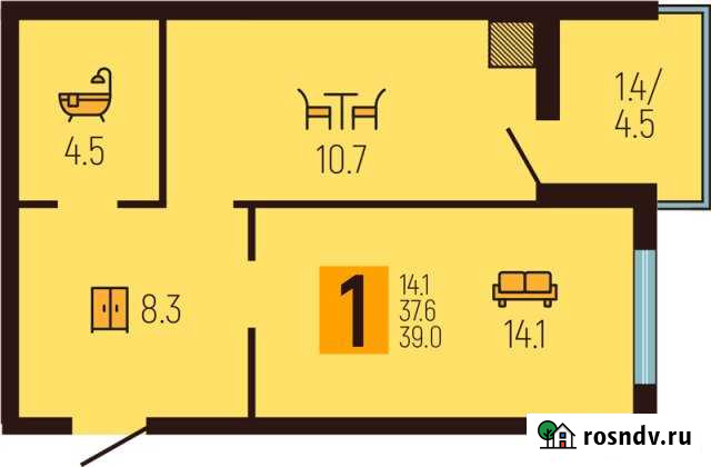 1-комнатная квартира, 38.9 м², 12/16 эт. на продажу в Калининграде Калининград - изображение 1