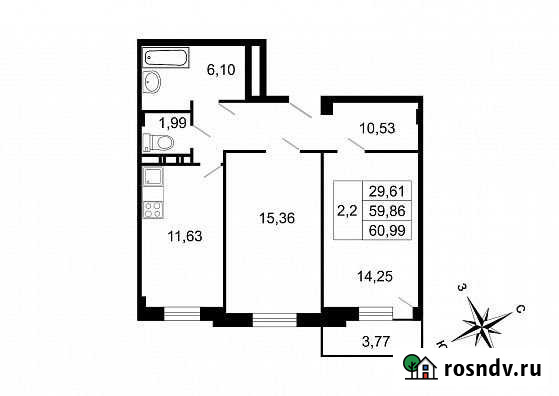 2-комнатная квартира, 61 м², 10/10 эт. на продажу в поселке Свердлова Свердлова - изображение 1