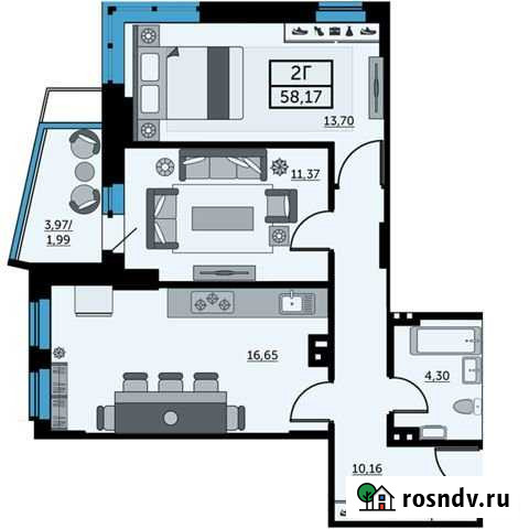2-комнатная квартира, 58.1 м², 14/26 эт. на продажу в Ростове-на-Дону Ростов-на-Дону - изображение 1