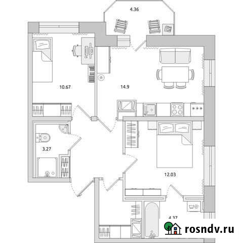 2-комнатная квартира, 60.2 м², 14/18 эт. на продажу в Мурино Мурино - изображение 1