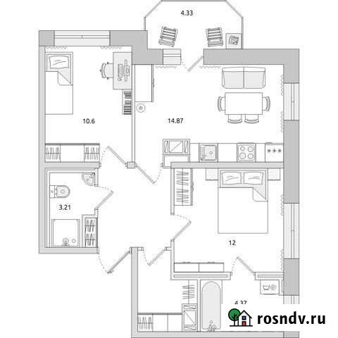 2-комнатная квартира, 59.9 м², 2/17 эт. на продажу в Мурино Мурино - изображение 1