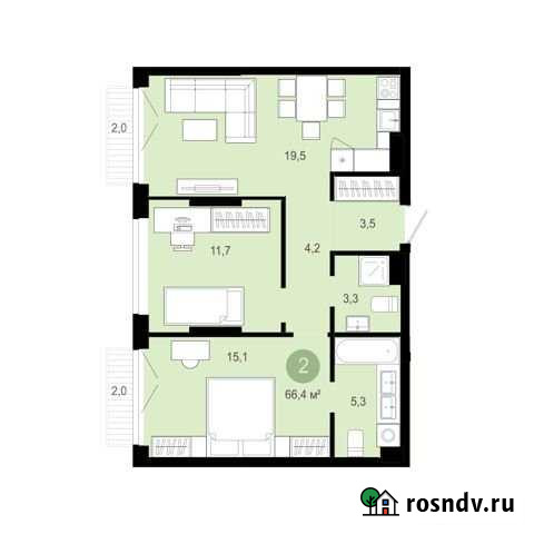 2-комнатная квартира, 66.4 м², 2/16 эт. на продажу в Тюмени Тюмень - изображение 1