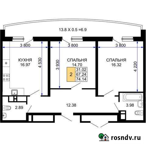 2-комнатная квартира, 74.1 м², 24/24 эт. на продажу в Краснодаре Краснодар - изображение 1