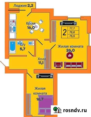 2-комнатная квартира, 76.6 м², 5/9 эт. на продажу в Калининграде Калининград - изображение 1