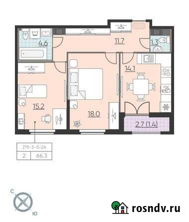 2-комнатная квартира, 66.3 м², 3/23 эт. на продажу в Санкт-Петербурге Санкт-Петербург - изображение 1