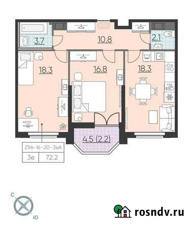 2-комнатная квартира, 72.2 м², 18/23 эт. на продажу в Санкт-Петербурге Санкт-Петербург - изображение 1