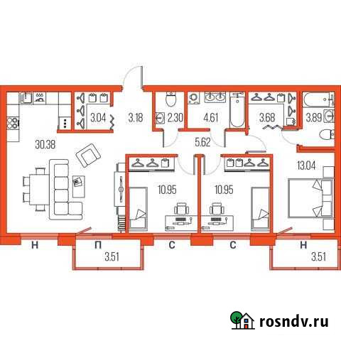3-комнатная квартира, 91.6 м², 12/22 эт. на продажу в Санкт-Петербурге Санкт-Петербург - изображение 1