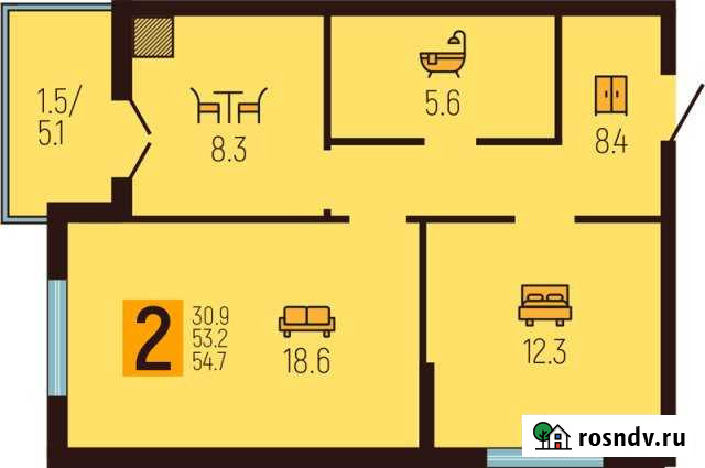2-комнатная квартира, 54.6 м², 5/16 эт. на продажу в Калининграде Калининград - изображение 1