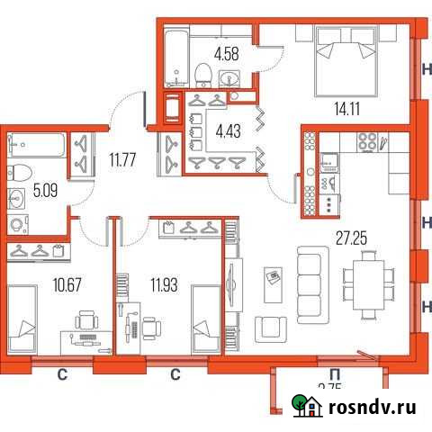 3-комнатная квартира, 89.4 м², 3/22 эт. на продажу в Санкт-Петербурге Санкт-Петербург - изображение 1