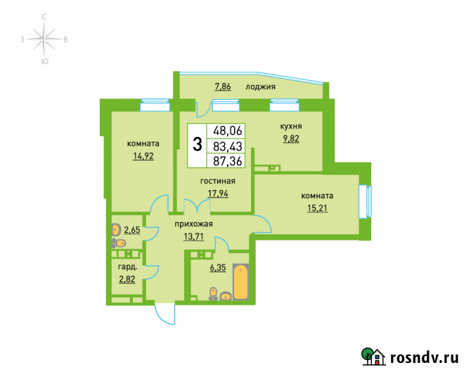 3-комнатная квартира, 87.1 м², 6/17 эт. в аренду на длительный срок в Ижевске Ижевск - изображение 1