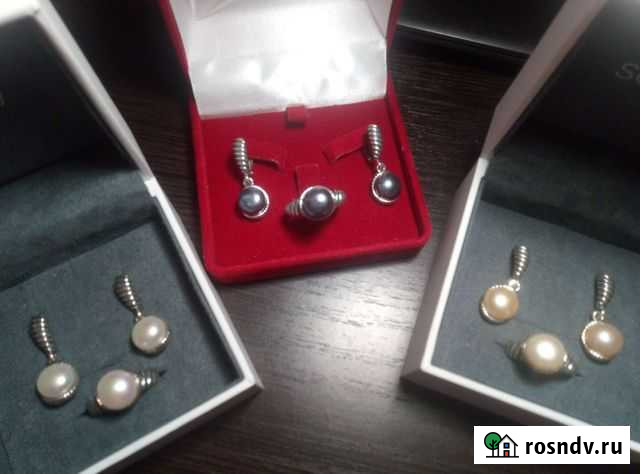 Серьги и кольцо с жемчугом три цвета Иваново - изображение 1
